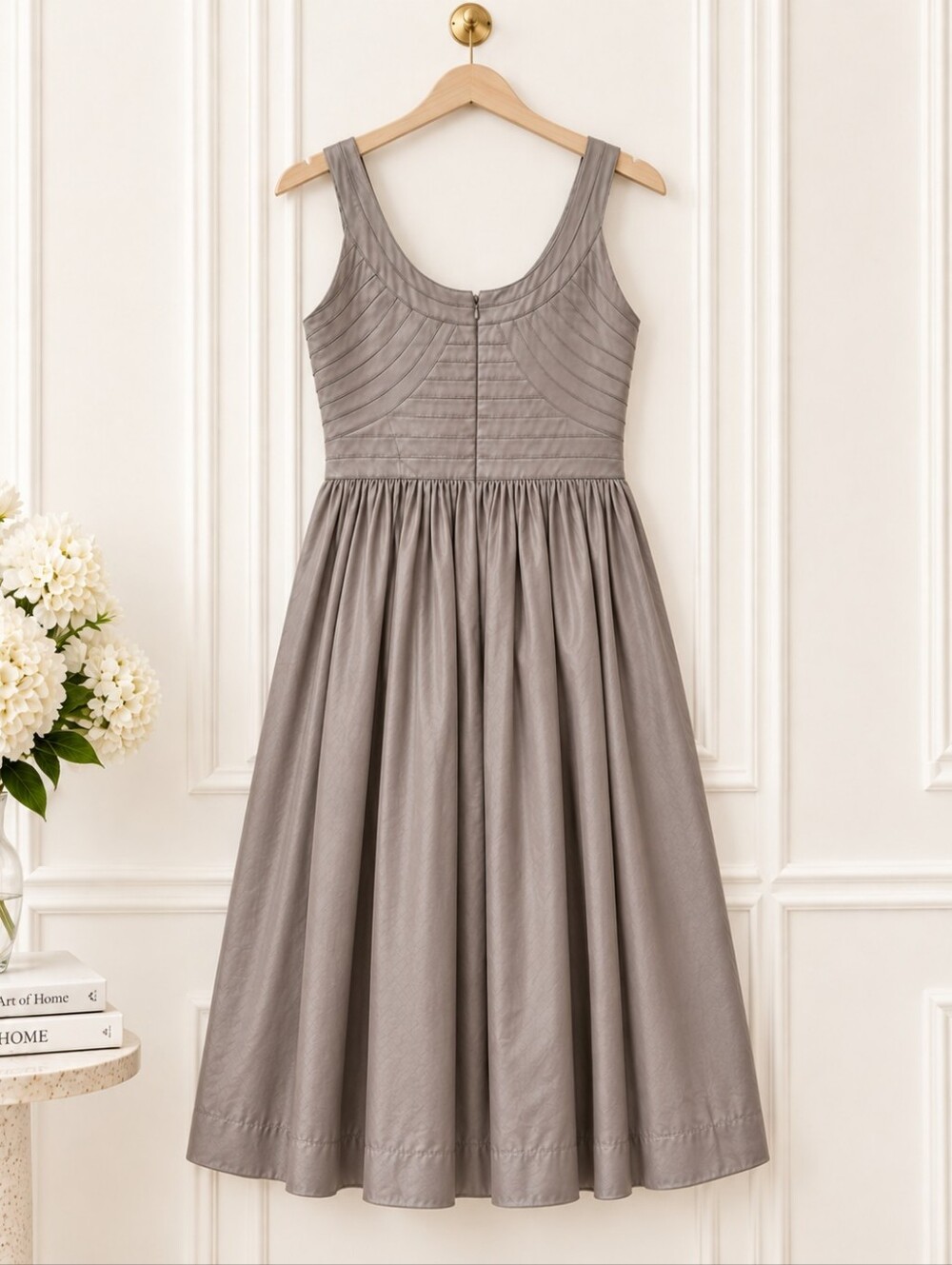 BCBG Gray Pleated Fit & Flare Midi Dress Size  10 - Picture 6 of 9